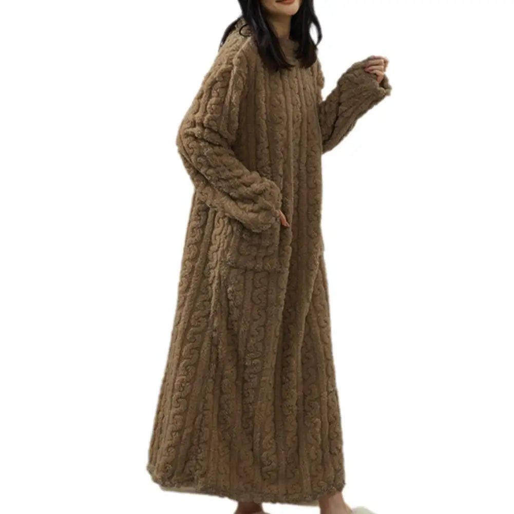 Velvet Women's Long Sleeve Double Pocket Flannel Loose Solid Sleepwear