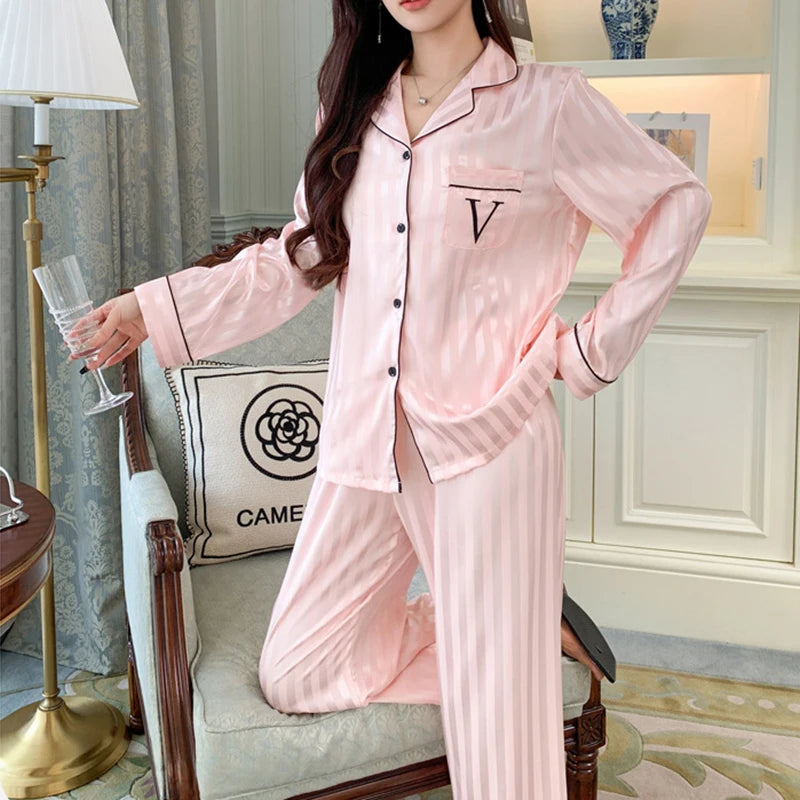 Women's Silk Pajama Set Long Sleeve Long Pants Lightweight Sleepwear for Comfortable Homewear Pj Set