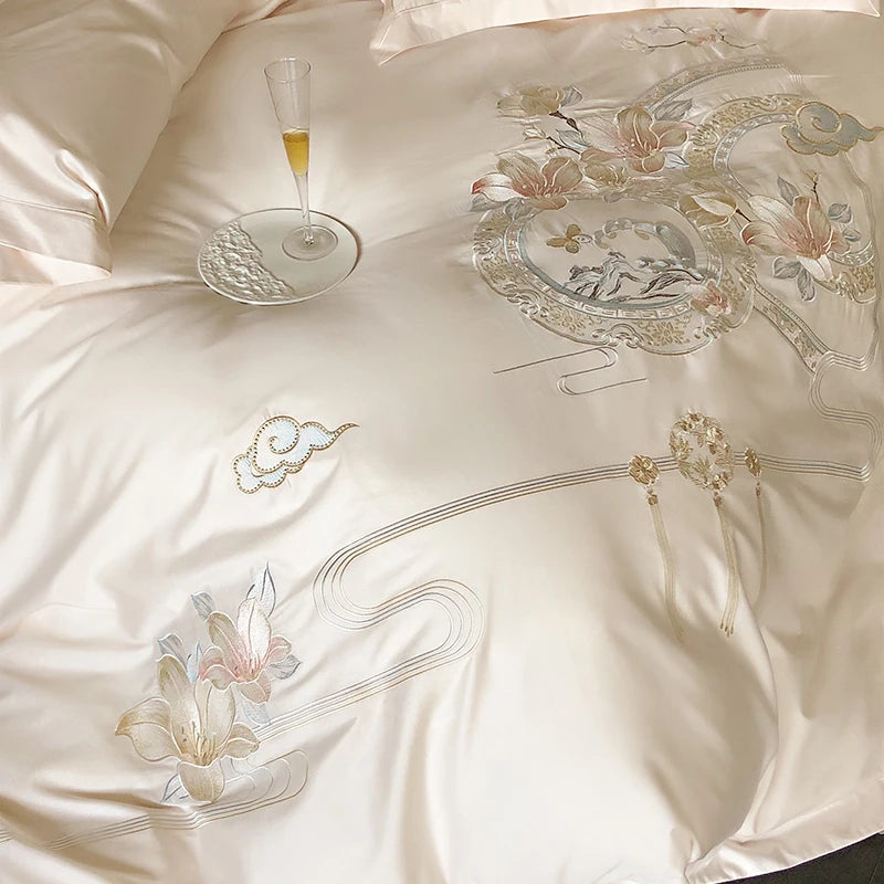 Flowers Bird Embroidery Luxury Bedding Set 1000TC Egyptian Cotton Duvet Cover Bed Sheet Pillowcases 4/5Pcs