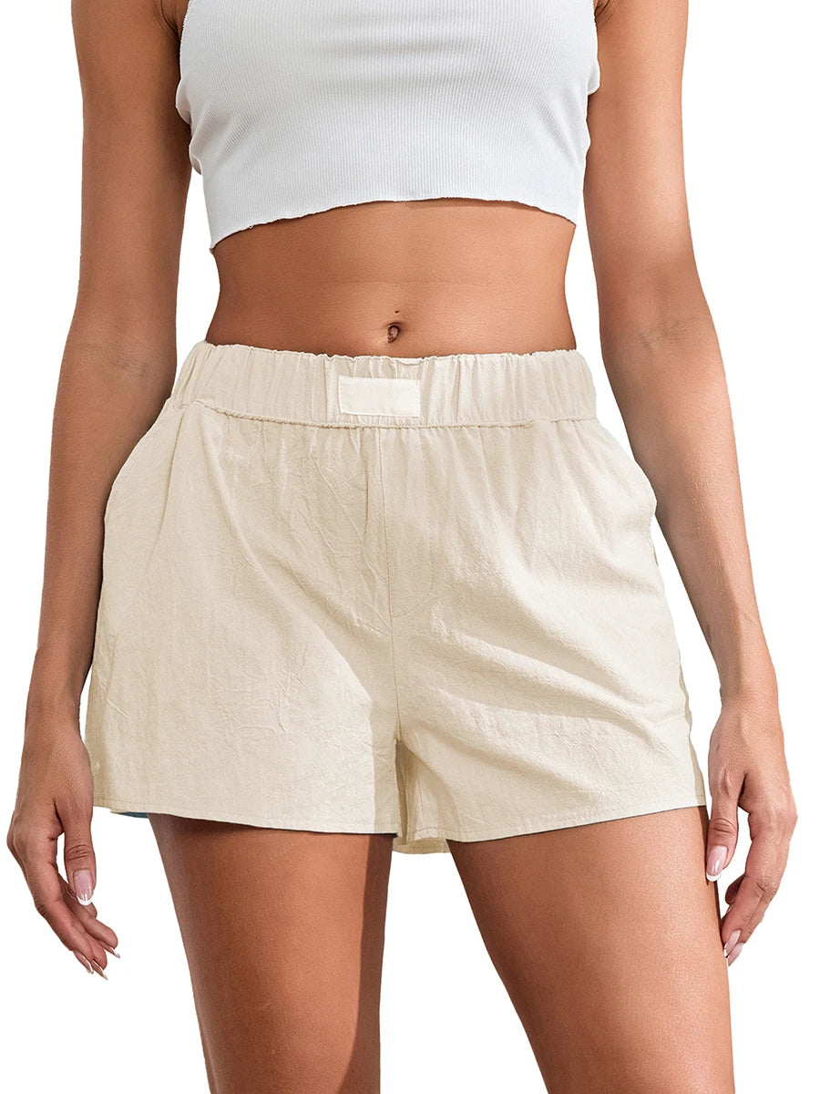 Loungewear Solid Elastic Waist Wide Leg Pajamas Boxers Shorts with Pockets