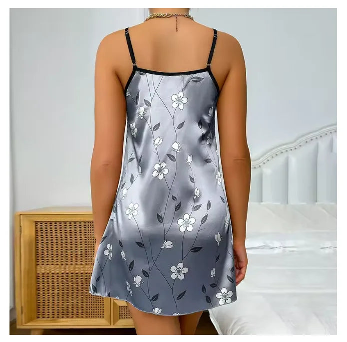 Floral Print Satin Nightgown Casual Sleeveless Backless Slip Night Dress