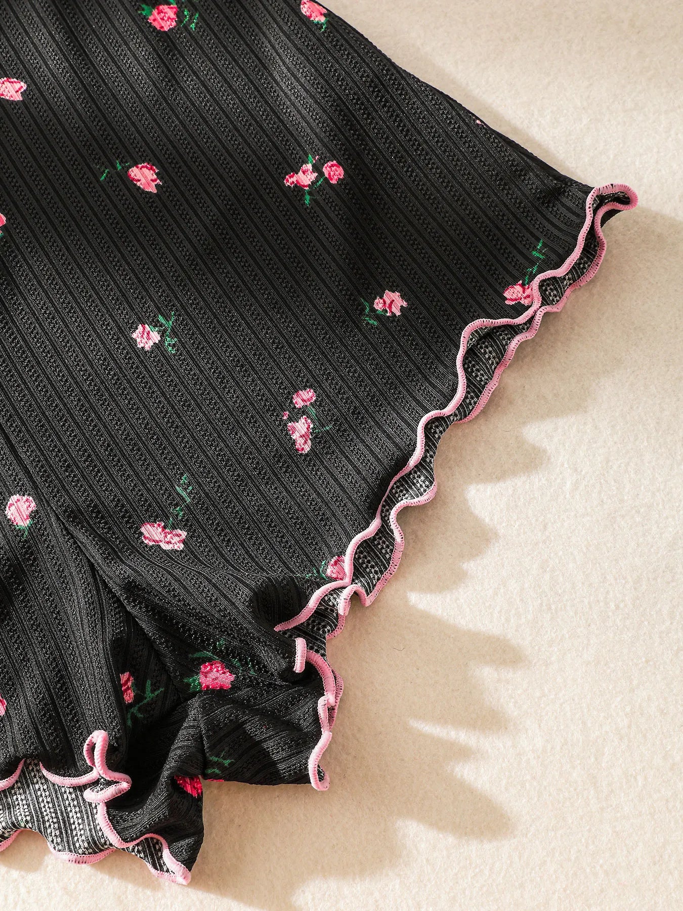 Cute Black Embroidered Rose One-piece Sleeveless Pajama Jumpsuit