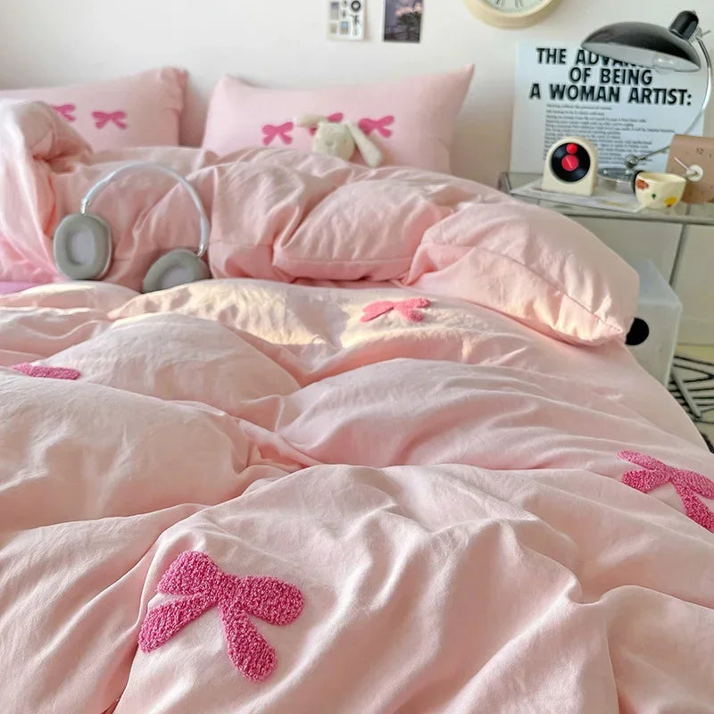 3D Embroidered Bow Quilt Set Cotton Pink Comfortable Soft Bedding