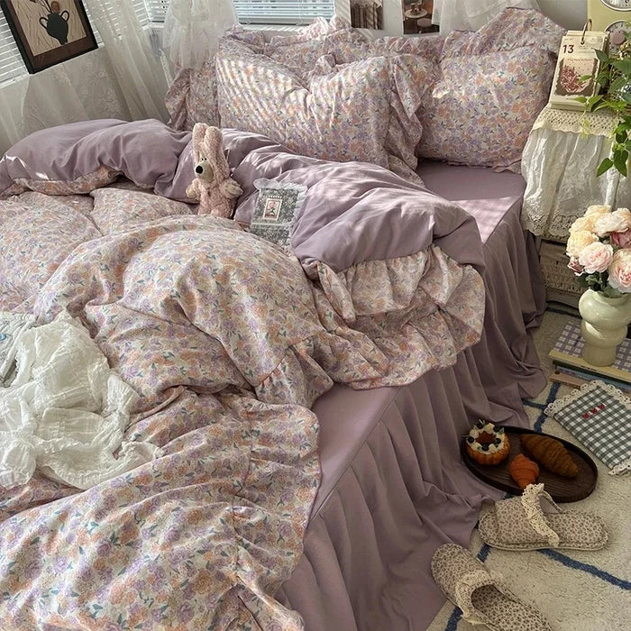 Princess Style Floral Ruffles Bedding Set Skin-friendly Soft Duvet Cover Set Bed Sheet Or Bed Skirt Pillowcases