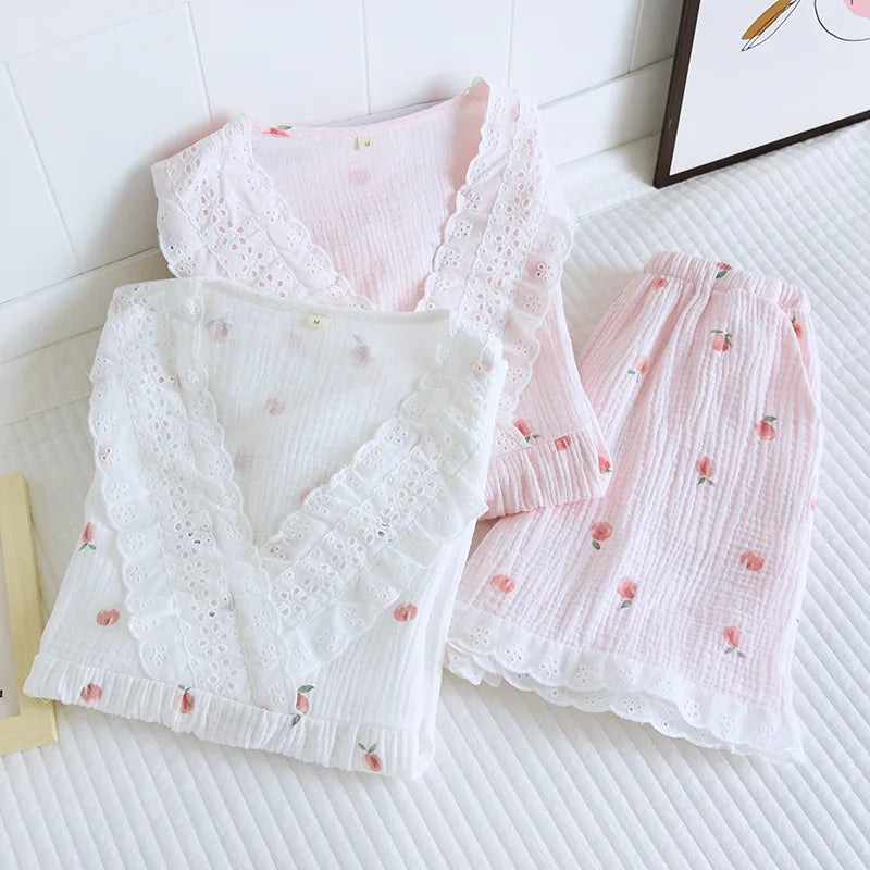 Short-sleeved Short Two-piece Set 100% Cotton Crepe V-neck