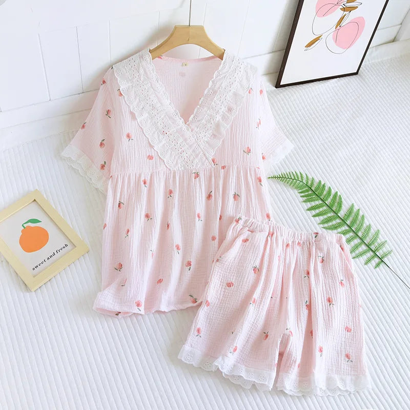 Short-sleeved Short Two-piece Set 100% Cotton Crepe V-neck