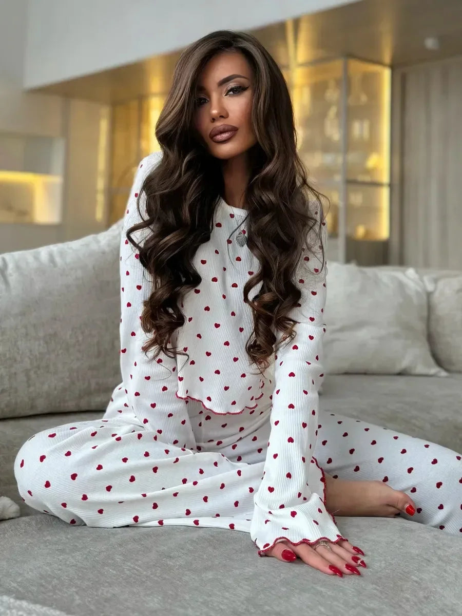 Y2K-Style Two-piece Cherry/Heart Print Cuffed-Long-Sleeve Tops and Long Trousers