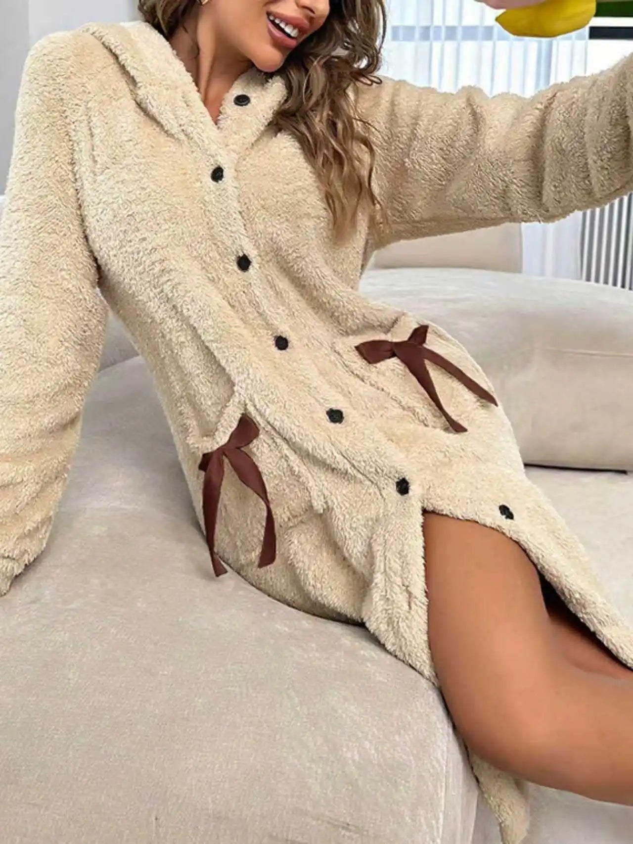 Warm Coral Fleece Bow Design Robe