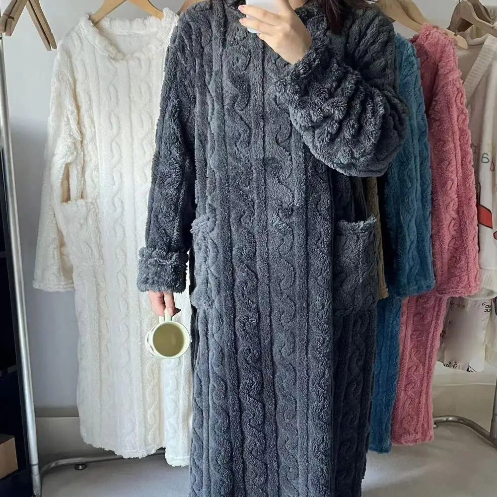 Velvet Women's Long Sleeve Double Pocket Flannel Loose Solid Sleepwear
