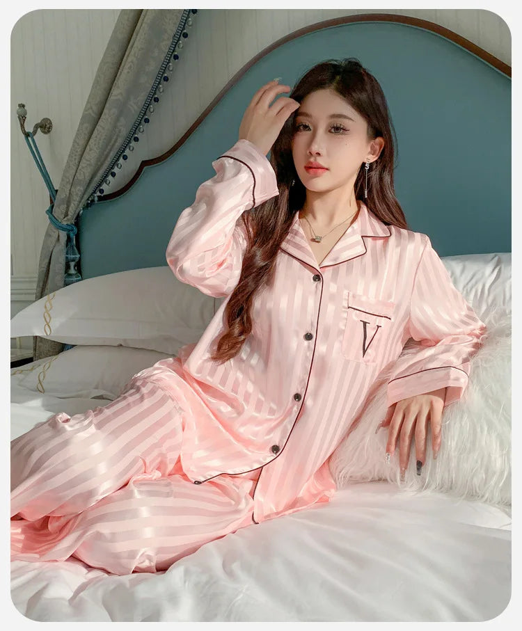 Women's Silk Pajama Set Long Sleeve Long Pants Lightweight Sleepwear for Comfortable Homewear Pj Set