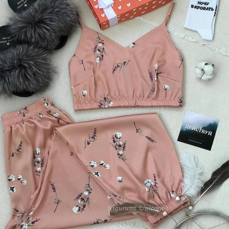 Silk Satin Set V-neck Sleeveless Top Sleepwear Nightwear