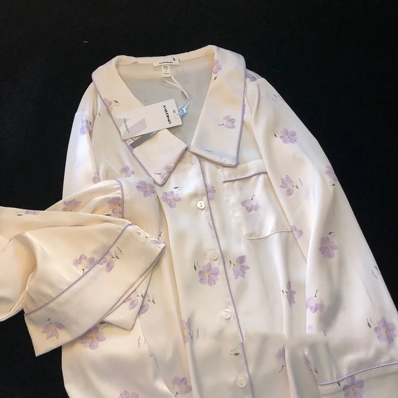 Silk Two Pieces Top & Pants Elegant Print Soft Sleepwear