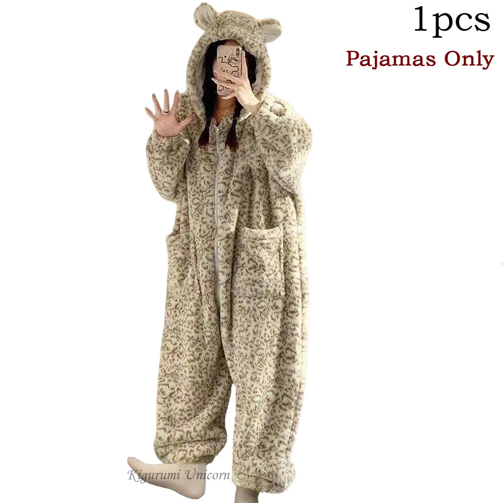 Leopard Hooded Onesie Flannel Pochets Overall Slippers Set