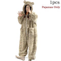 Leopard Hooded Onesie Flannel Pochets Overall Slippers Set