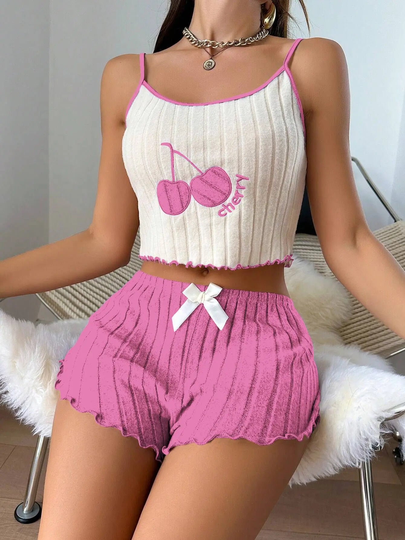 Simple Wool Halter Vest Shorts Set