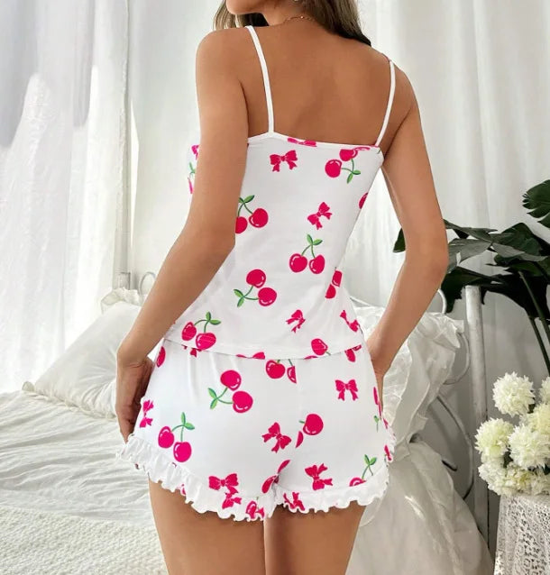 Soft Casual Cherry Print Cami Top and Ruffle Shorts Set