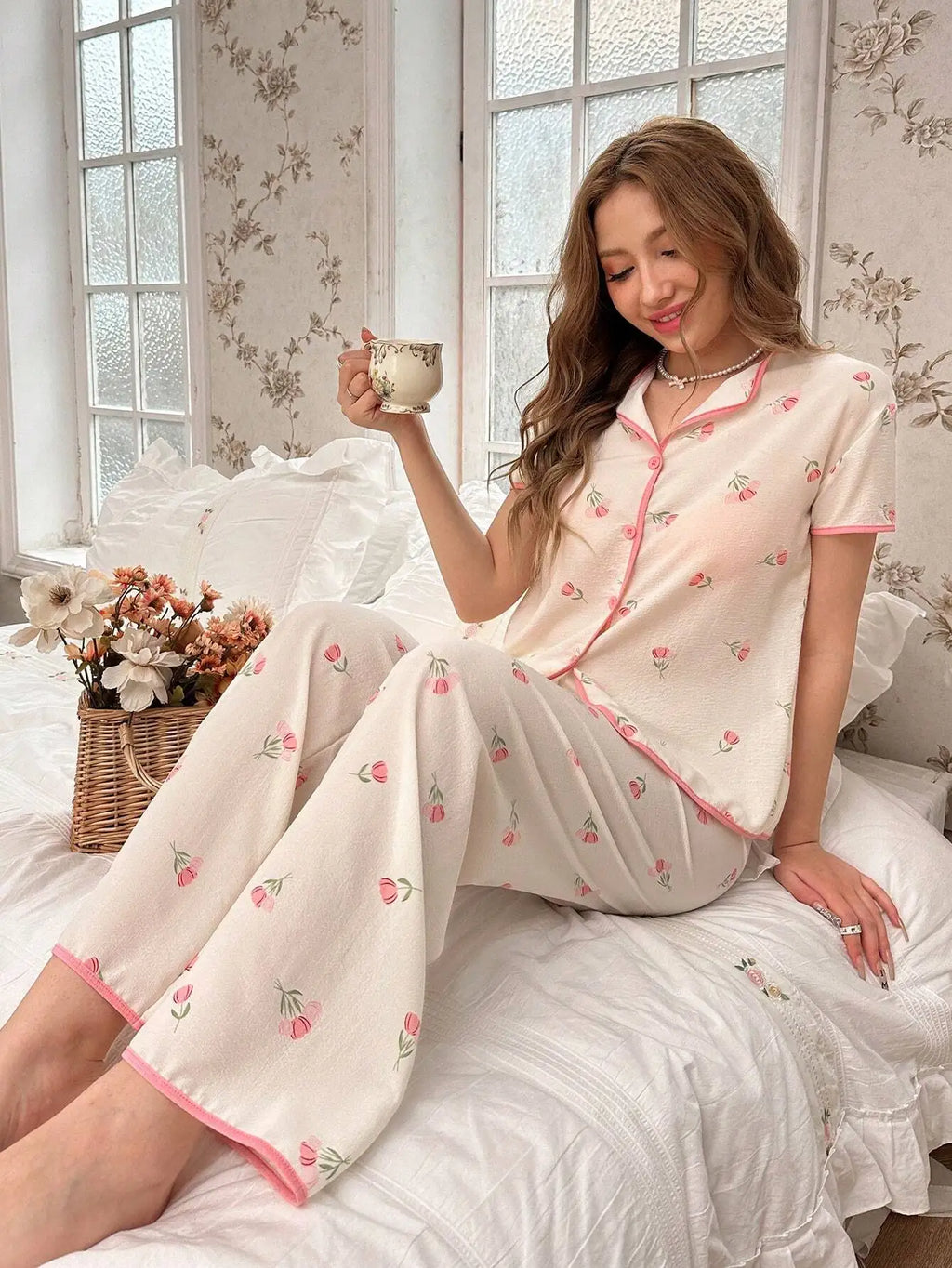 Women's Floral Print Pajama Set with Pink Trim Soft Cotton Blend & Loose Fit
