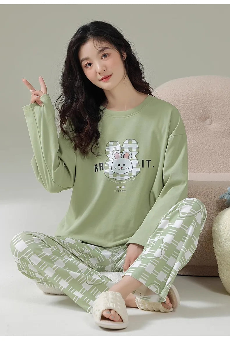 Cotton High Quality Large Size Ladies Pullover Long-Sleeved Cartoon Home wear 2PCS/Set