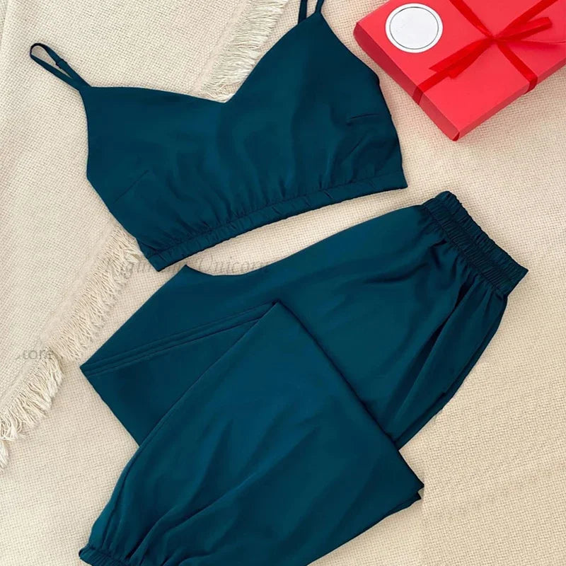 Silk Satin Set V-neck Sleeveless Top Sleepwear Nightwear