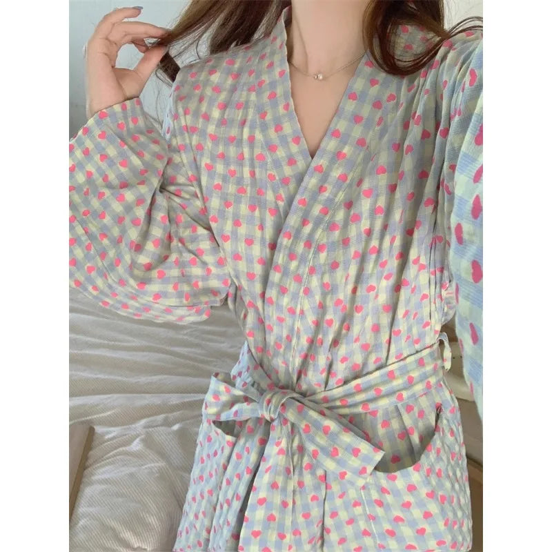 Love Plaid Loose Long-sleeve Kimono V-neck Lace Sexy Robe