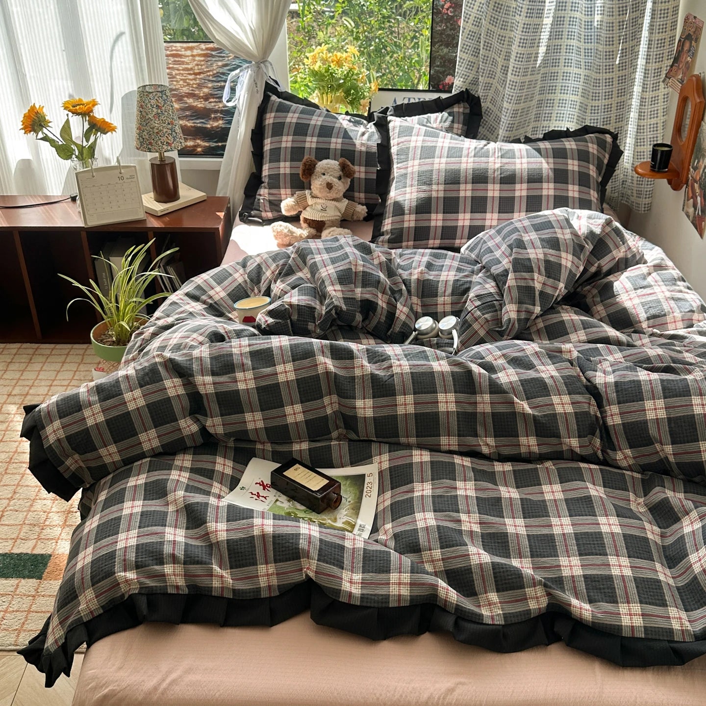 Plaid Bedding Set Double Yarn Classic Vintage Duvet Cover Set Flat Sheets Set 2 Pillowcases