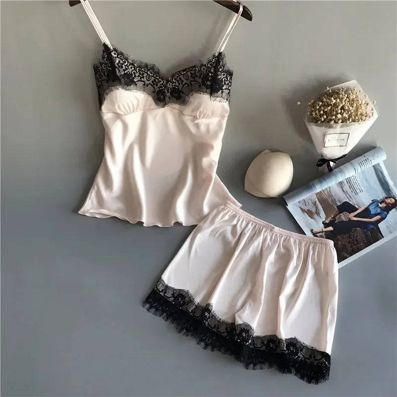 V-Neck Lace Sexy Lingerie Sleep Shorts Set