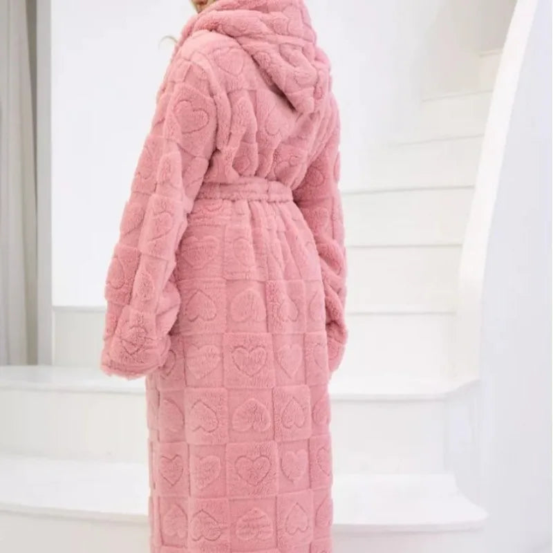 Solid Color Bathrobes Elegant Double Pocket Lace-Up Hooded Long Sleeve
