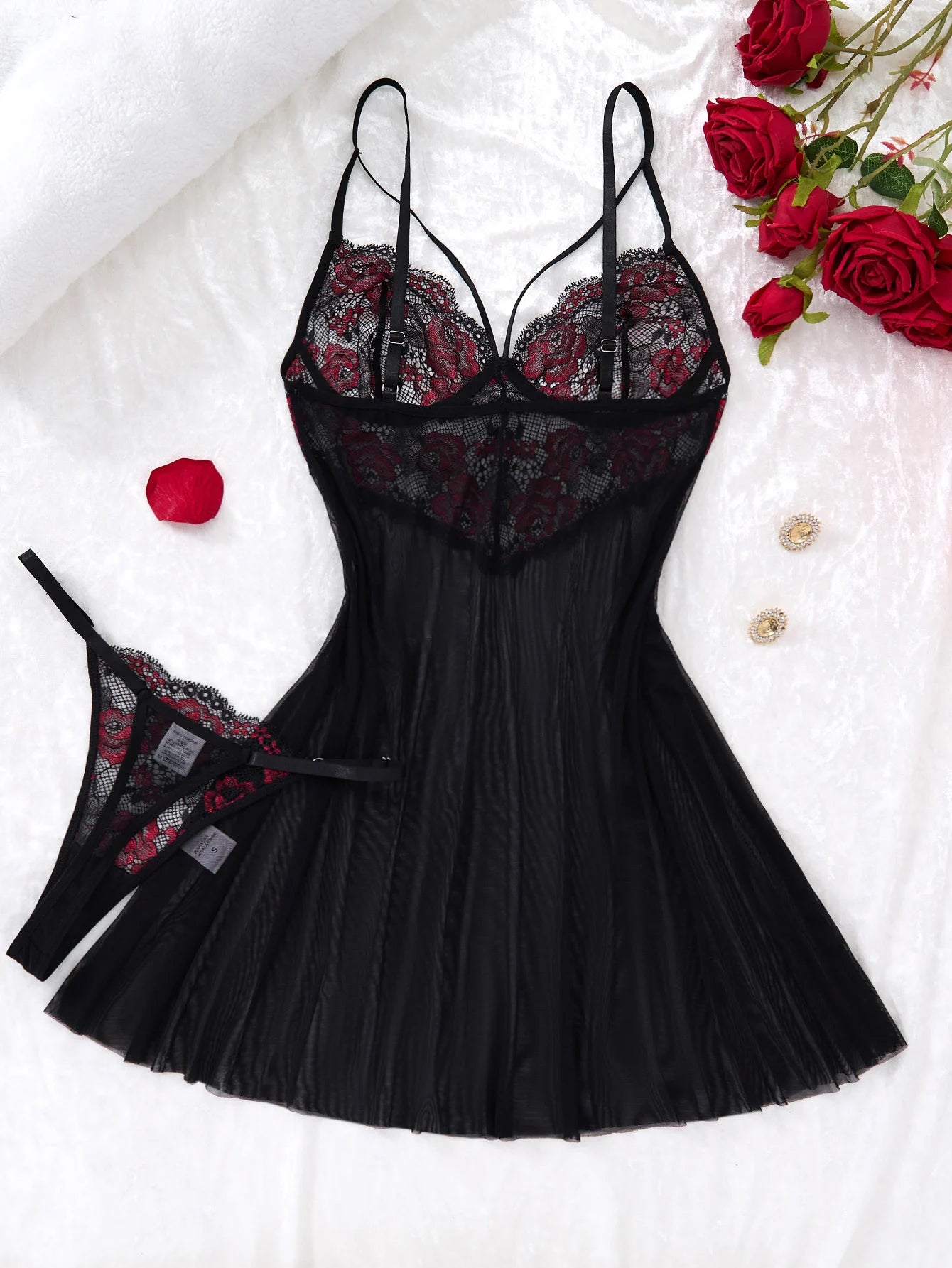 Lady's Sexy Floral Pattern Lace Black Strapless Transparent Nightgown