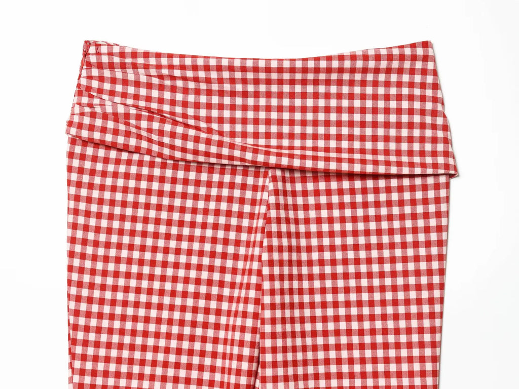 Vintage Red White Plaid 2-Piece Set Collar Zipper Sleeveless Vest+Side Slim Pant
