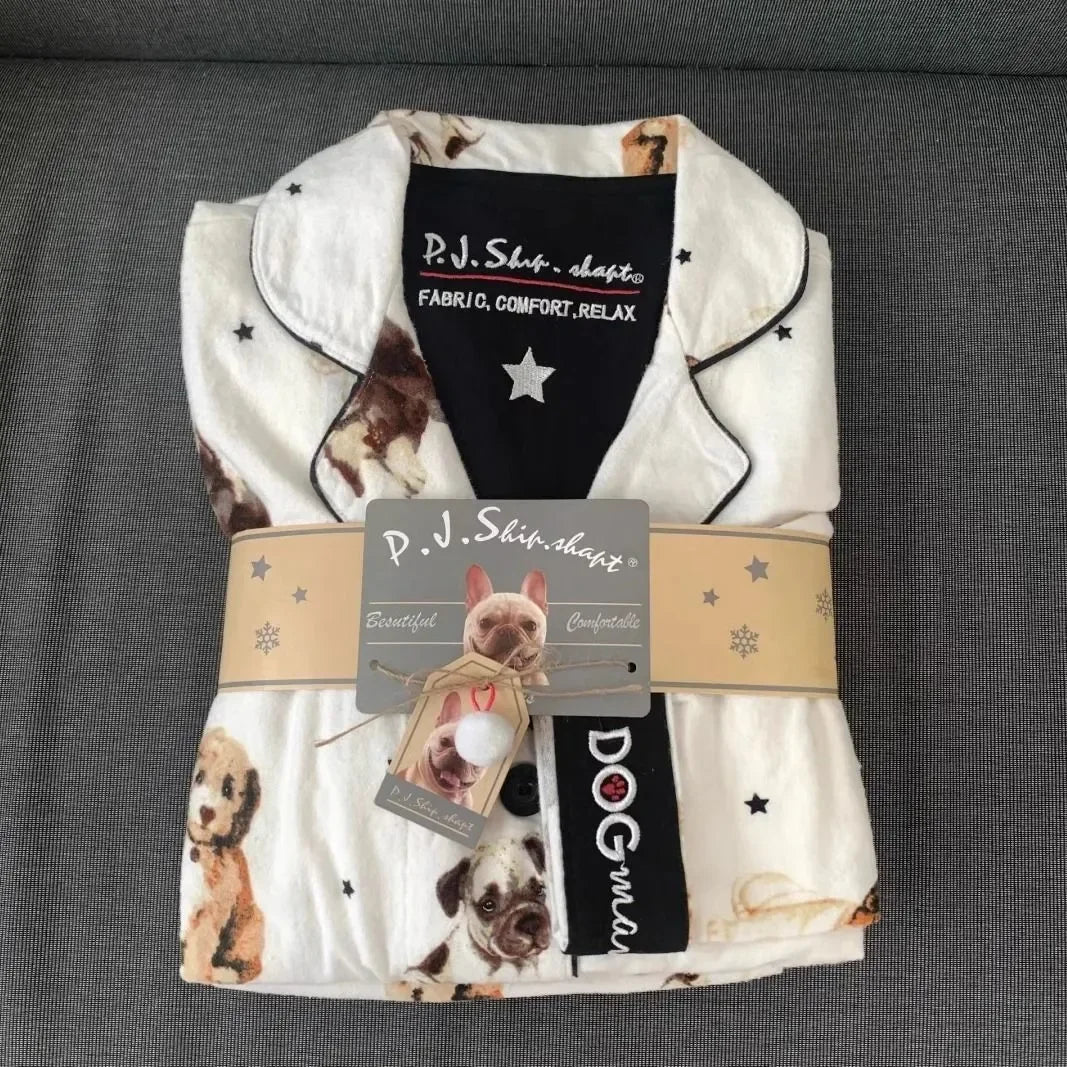 Women's Pajamas Set Cute Cartoon Print Sleepwear Top&pants Two-piece Soft Cotton Femme Nightwear