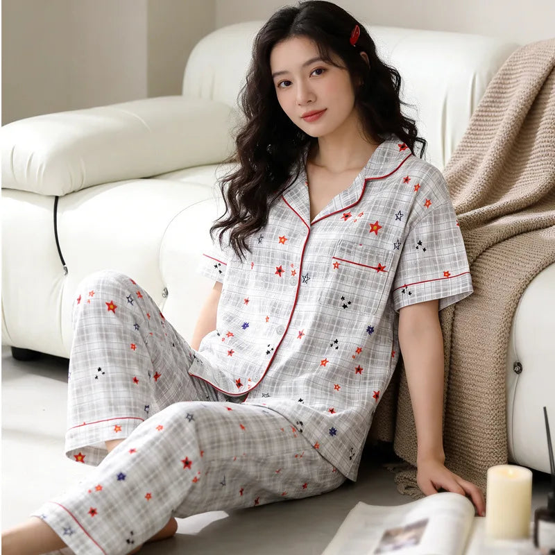 Printed Star Cardigan with Sophisticated Short-Sleeve Top and Long Pants Homewear