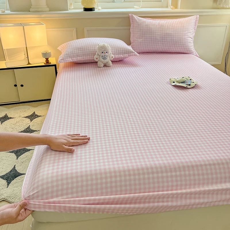 Plaid Style Fitted Sheet Skin-friendly Bed Cover Elastic Bedsheet Linen (No Pillowcase)