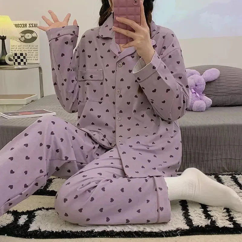 Cozy Heart Print Long Sleeve Pajama Set