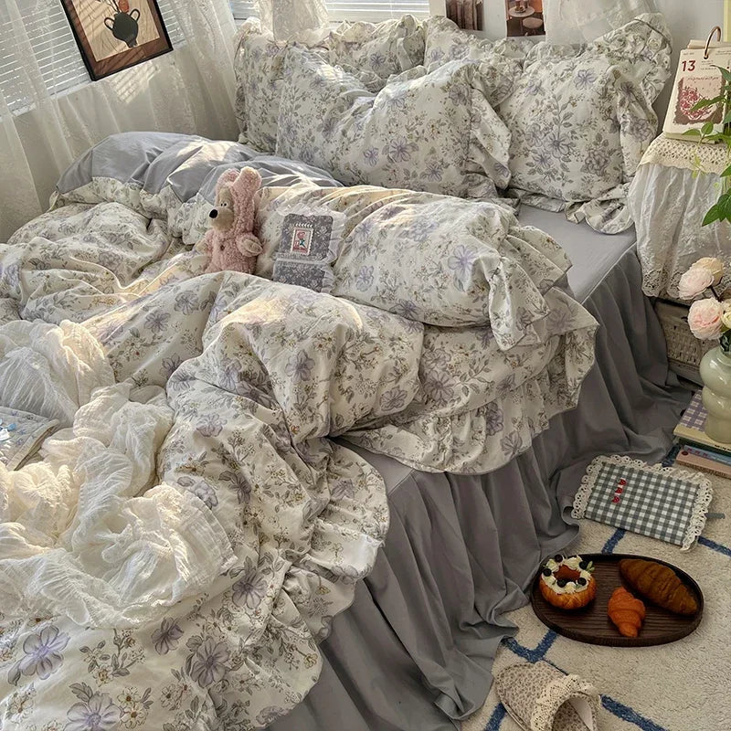 Princess Style Floral Ruffles Bedding Set Skin-friendly Soft Duvet Cover Set Bed Sheet Or Bed Skirt Pillowcases