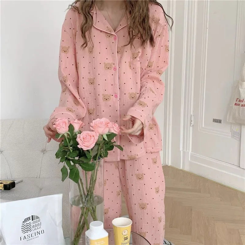 Long-Sleeved Rustic Style Floral Imitation Cotton Wrinkled Cloth Loose Pajamas