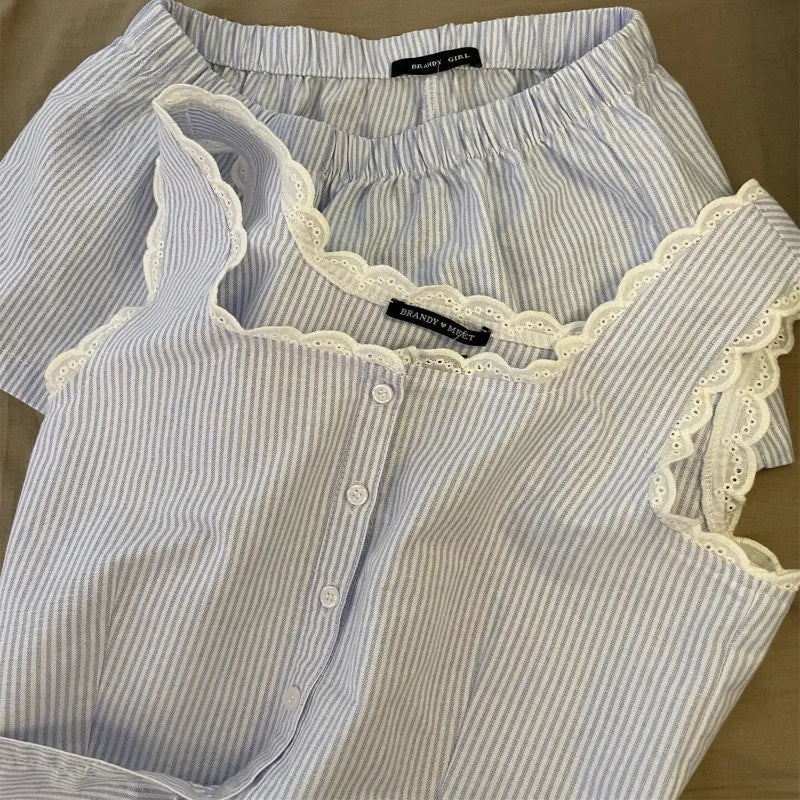 Striped Women Summer Sleeveless Shorts Sets 2 Pieces Lace Night Wears