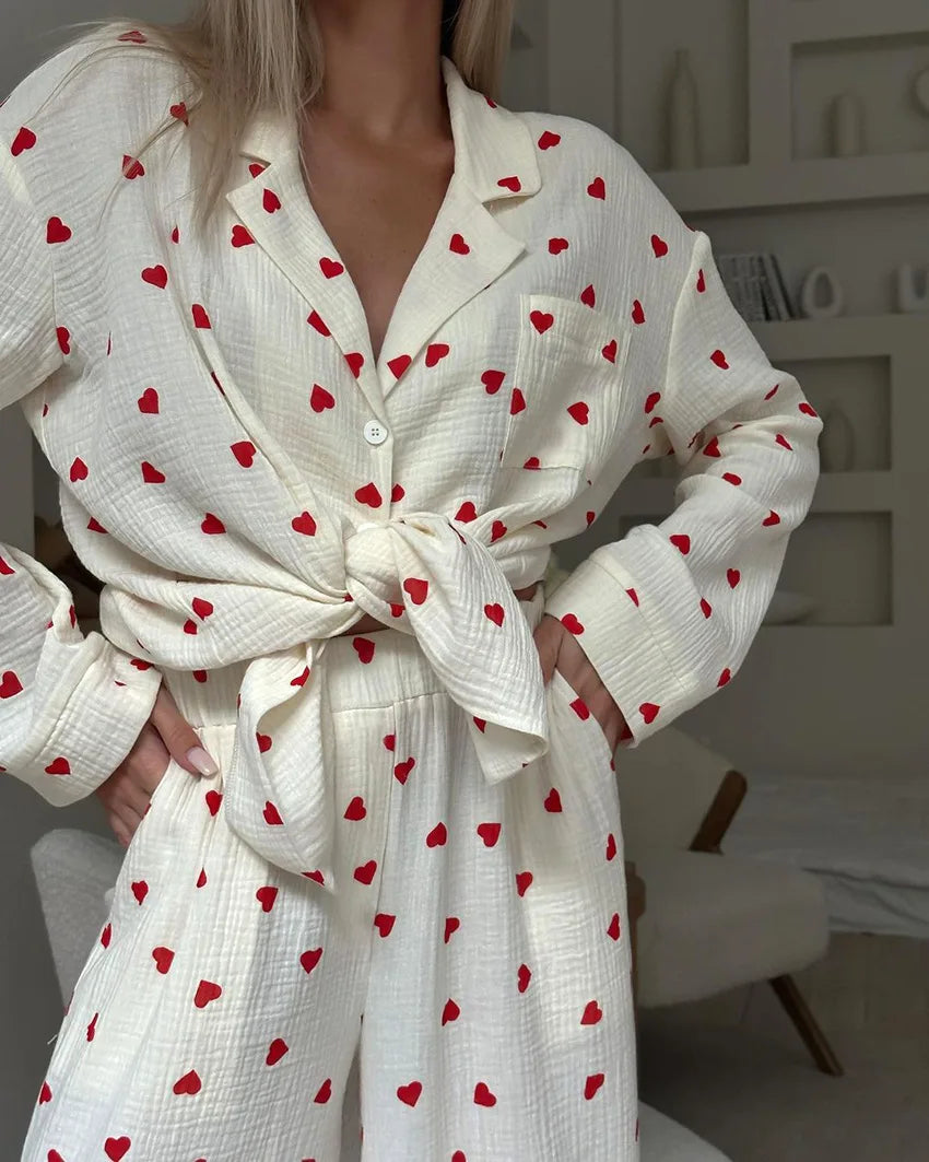 Women's Heart Print Long-Sleeve Lapel Chest Pocket Top And Pants Soft Cotton Fabric Loose Sleepwear