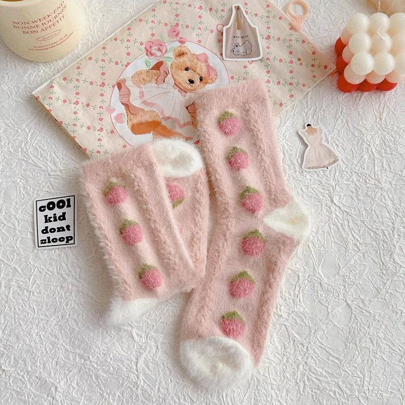 Strawberry Print Coral Fleece Sleeping Socks