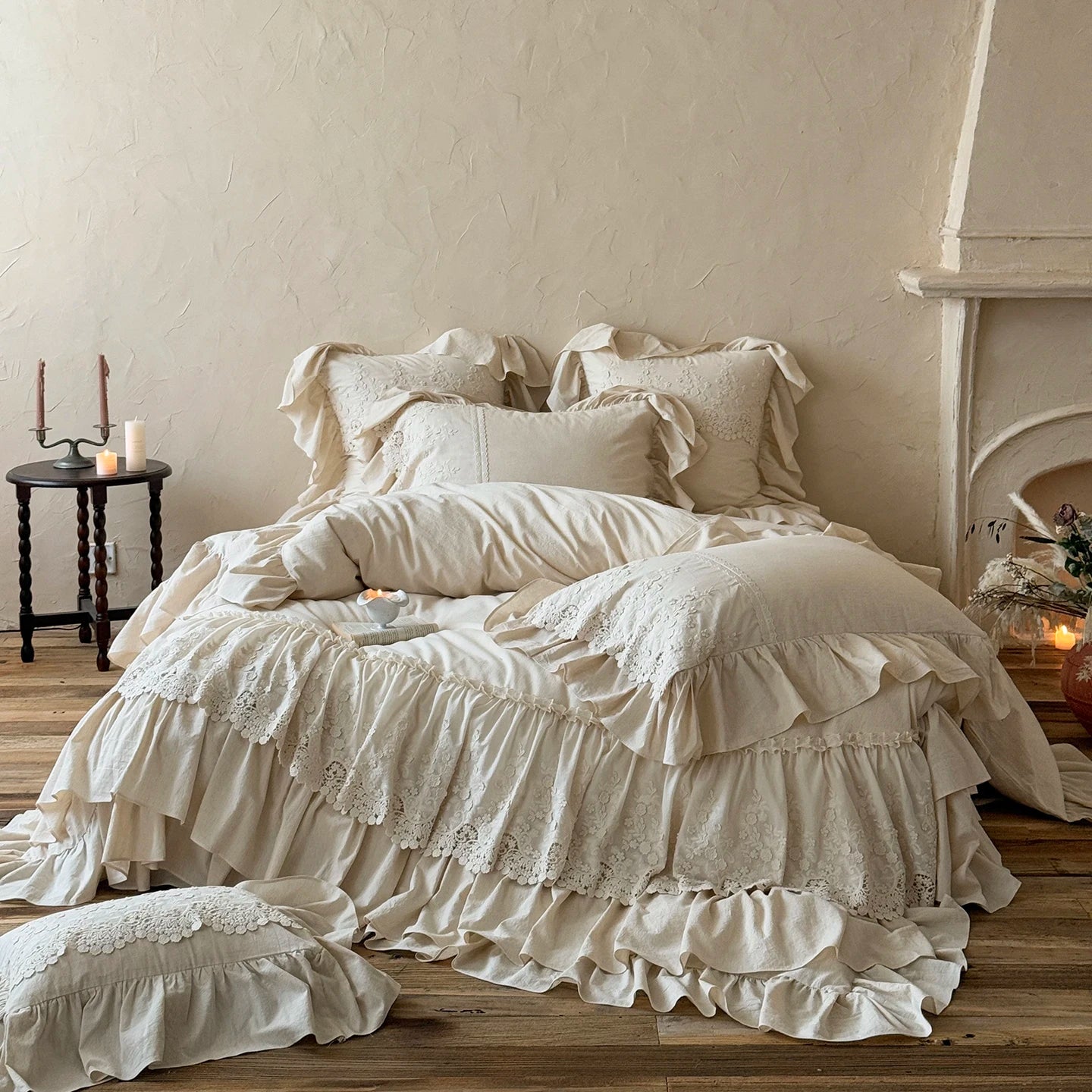 Romantic French Double Layer Lace Ruffles Bedding Set 20% Ramie, 80% Cotton Duvet Cover Set Quilted Bedspread Pillowcases