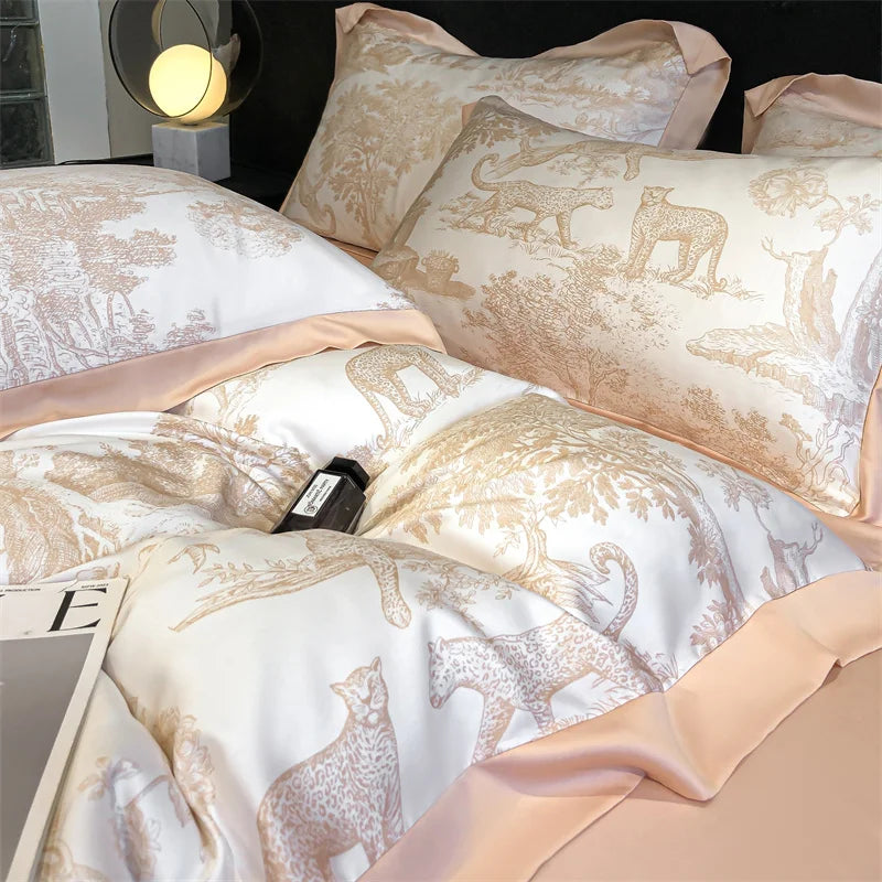 Soft Silky Skin-friendly Natural Eucalyptus Fiber Lyocell Bedding Set Forest Plants Leopard Duvet Cover Set Bed Sheet Pillowcases