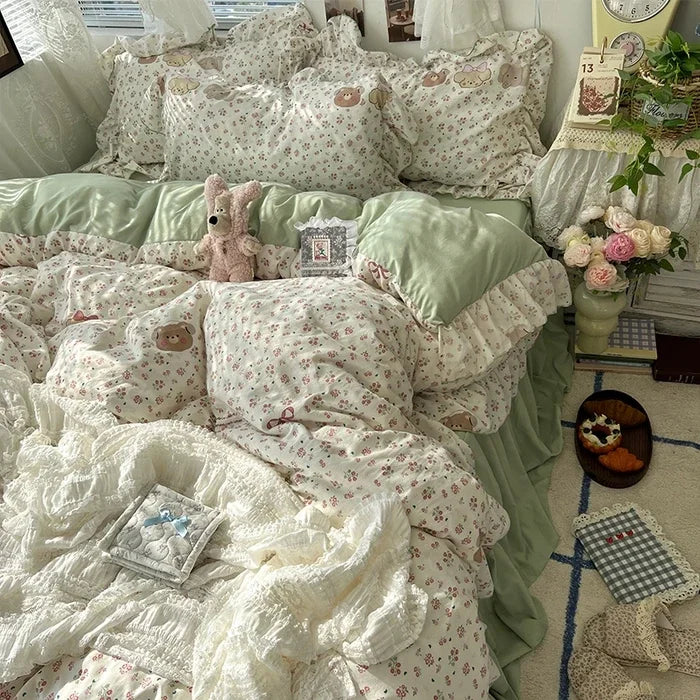 Princess Style Floral Ruffles Bedding Set Skin-friendly Soft Duvet Cover Set Bed Sheet Or Bed Skirt Pillowcases