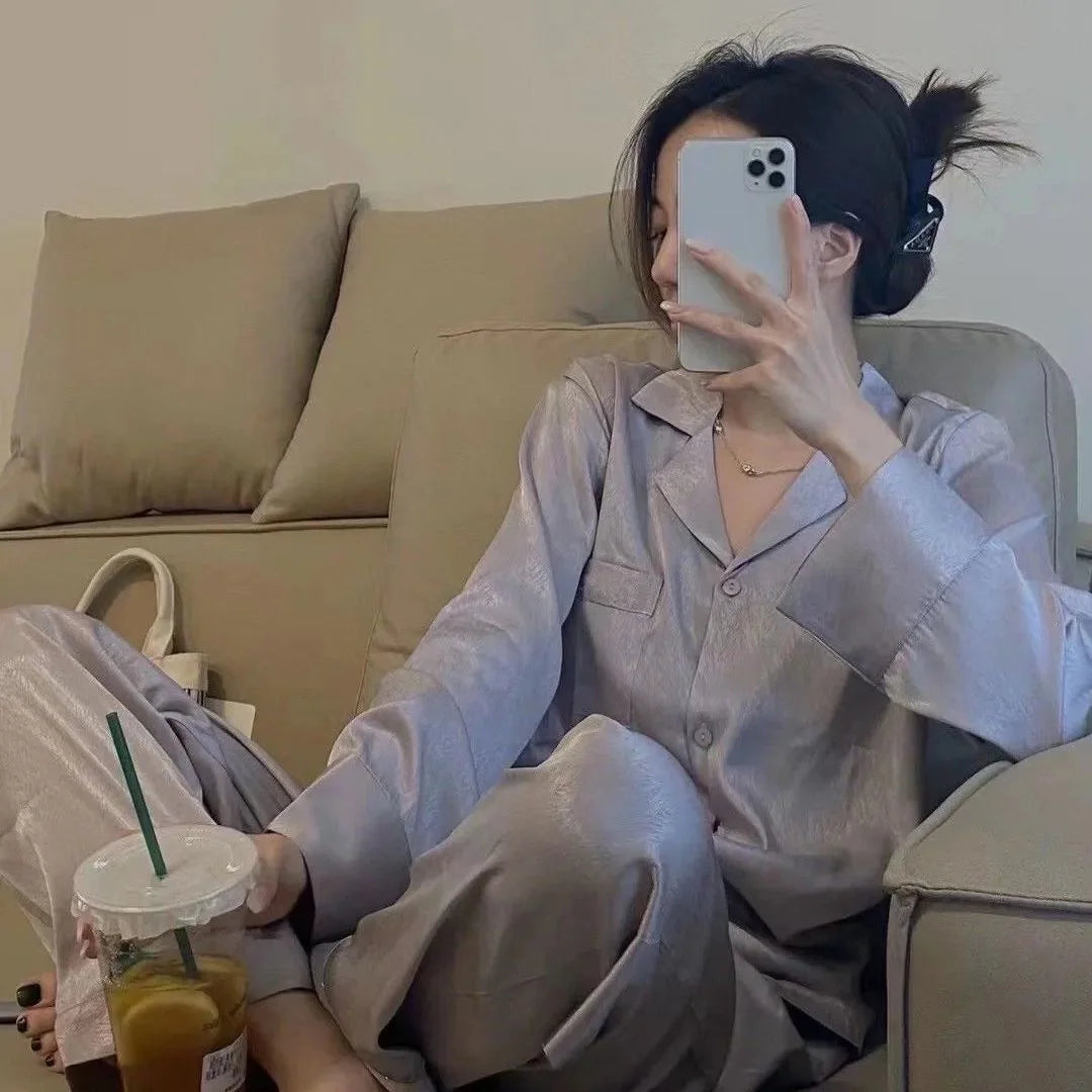 Women's Cardigan Two-pieces Set Silk Soft Sleepwear