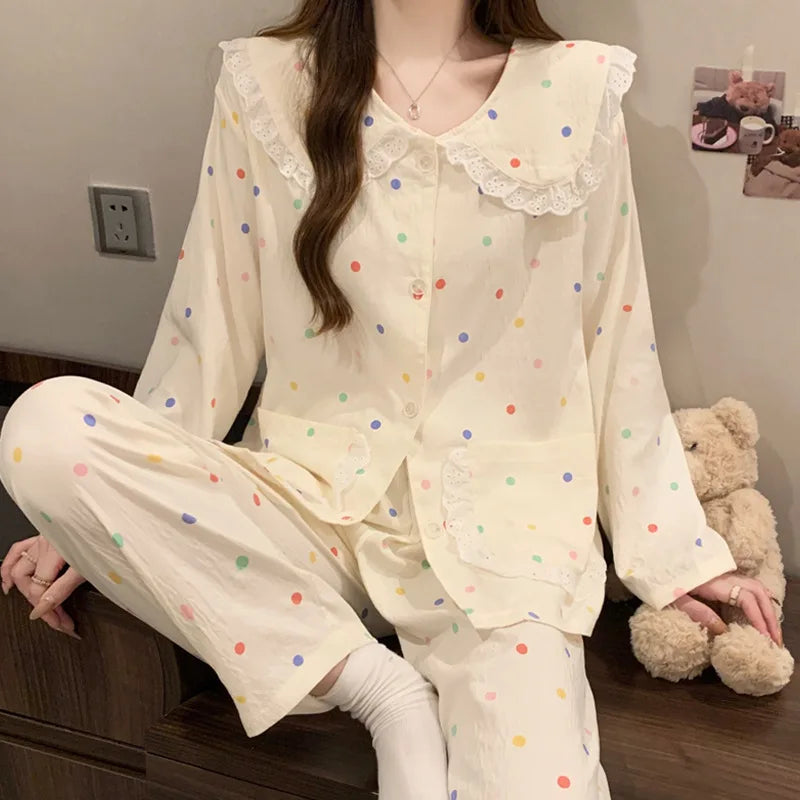 Spring Cloud-Print Cotton-Trimmed Collar Checked Sets
