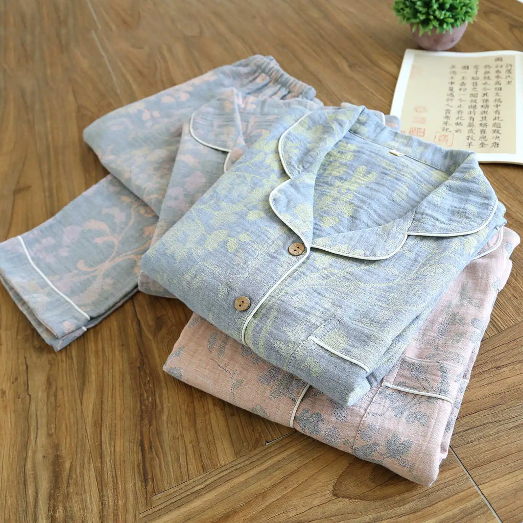 Spring 100% Cotton Gauze Retro Color Knitted Long Sleeve Two Piece Pajama Set