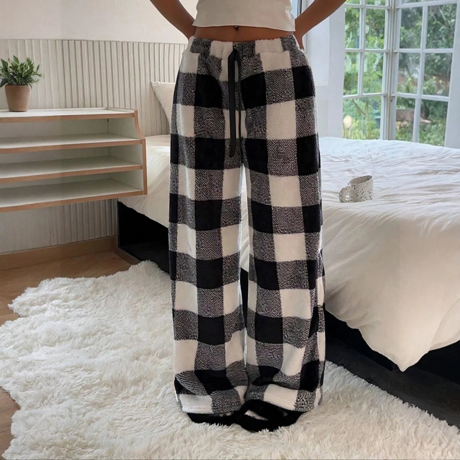 Plush Plaid Trousers Loose Elastic Bow Tie Plush Sleep Bottoms