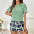 Short Sleeve Top and Pants Sleepwear Faux Cotton Grid Print Loungewear