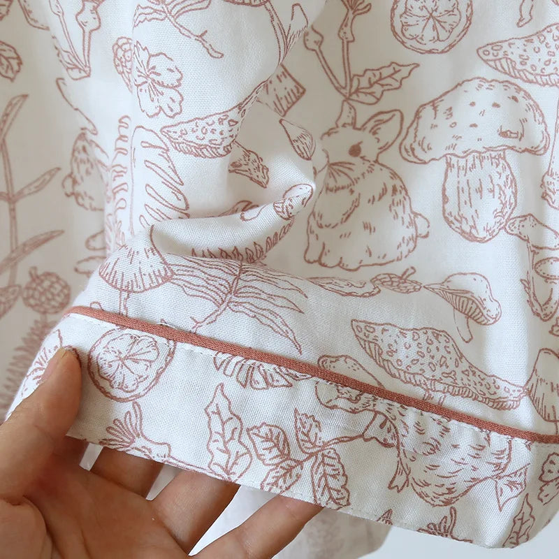 Double Layer Gauze Breathable Cotton Fashion Print Short Sleeved Soft Thin Two-piece Pajama Set