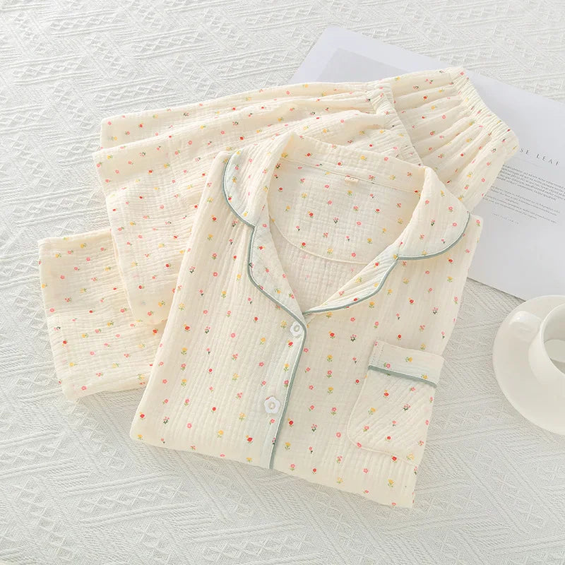 Pure Cotton Three-piece Thin Crepe Fabric Collar Short Sleeved Pants Shorts Set
