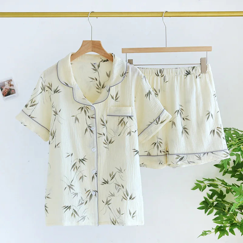 Japanese Short-sleeved Shorts Two-piece Ladies Cotton Crepe Cute Fresh Loose Set