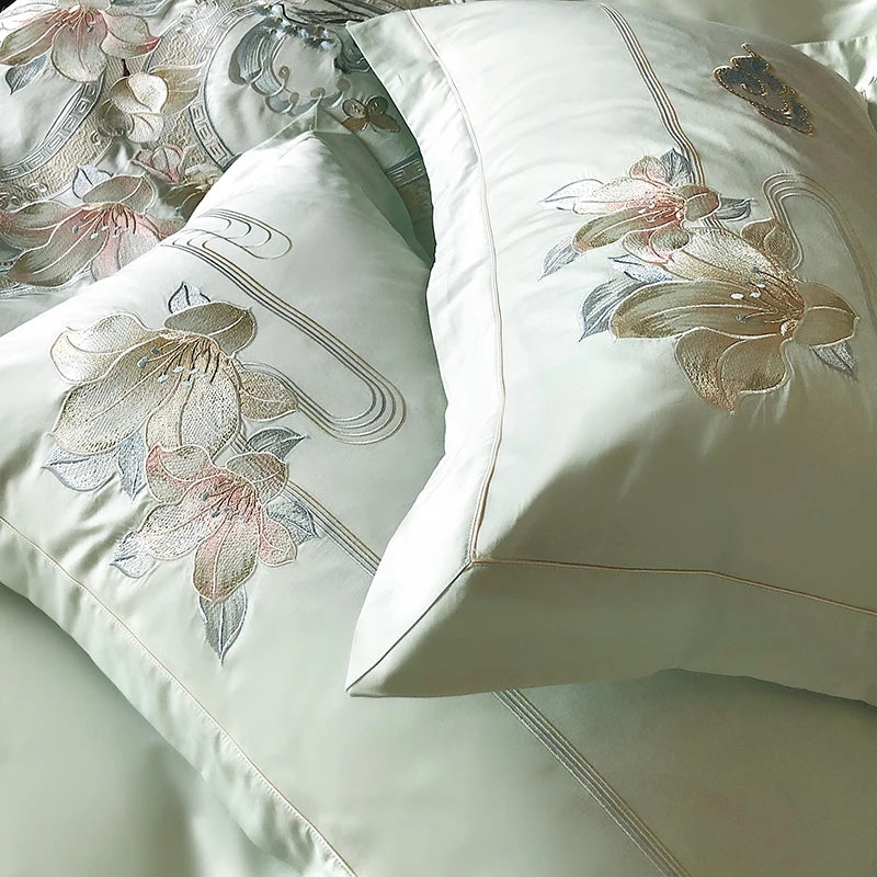 Flowers Bird Embroidery Luxury Bedding Set 1000TC Egyptian Cotton Duvet Cover Bed Sheet Pillowcases 4/5Pcs